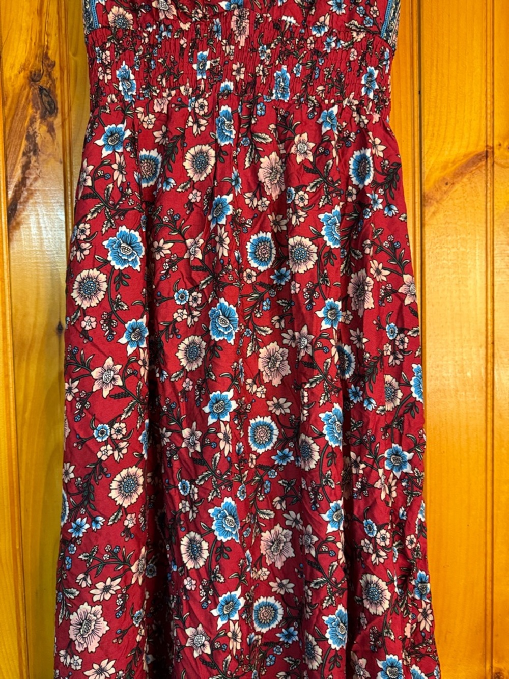 Kohl's Red Floral Halter Maxi Dress with Blue & Cream Border - Picture 3 of 11
